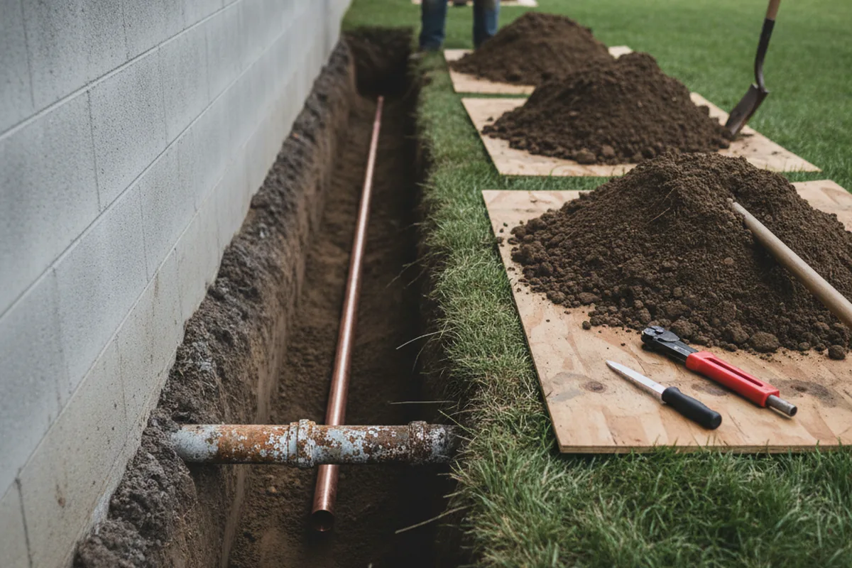 Excavated water line trench during Water Softener Installation in Belfry